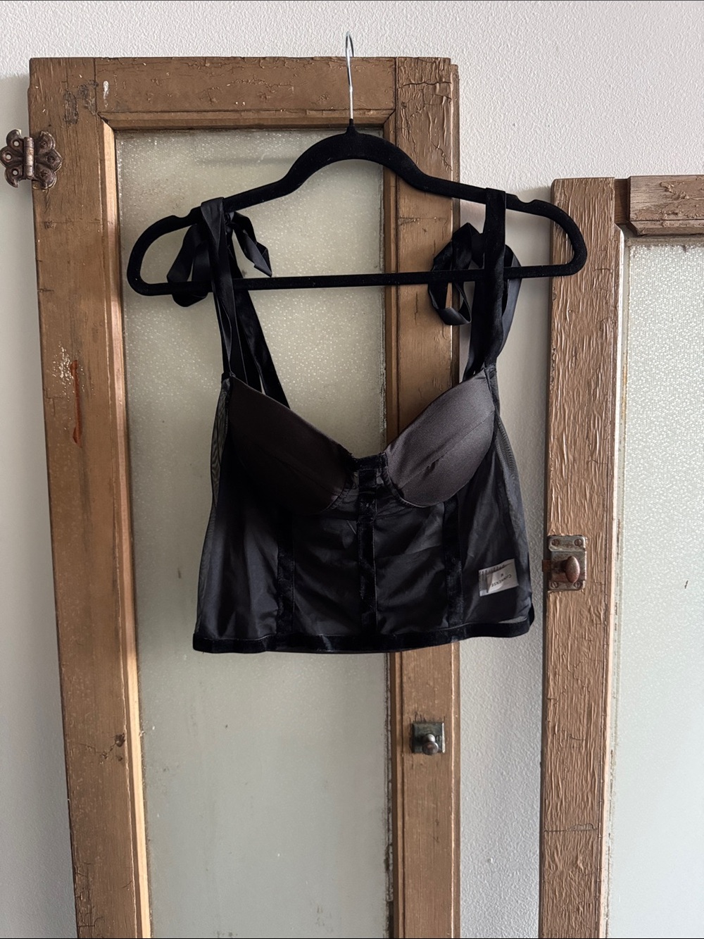 Commense Black Satin Bustier Crop Top with Tie Straps